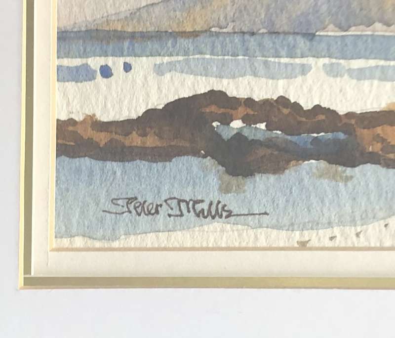 ORIGINAL TWO PETER MILLS WATER COLOR PAINTINGS OF BLOUBERG STRAND IN GOLD FRAMES