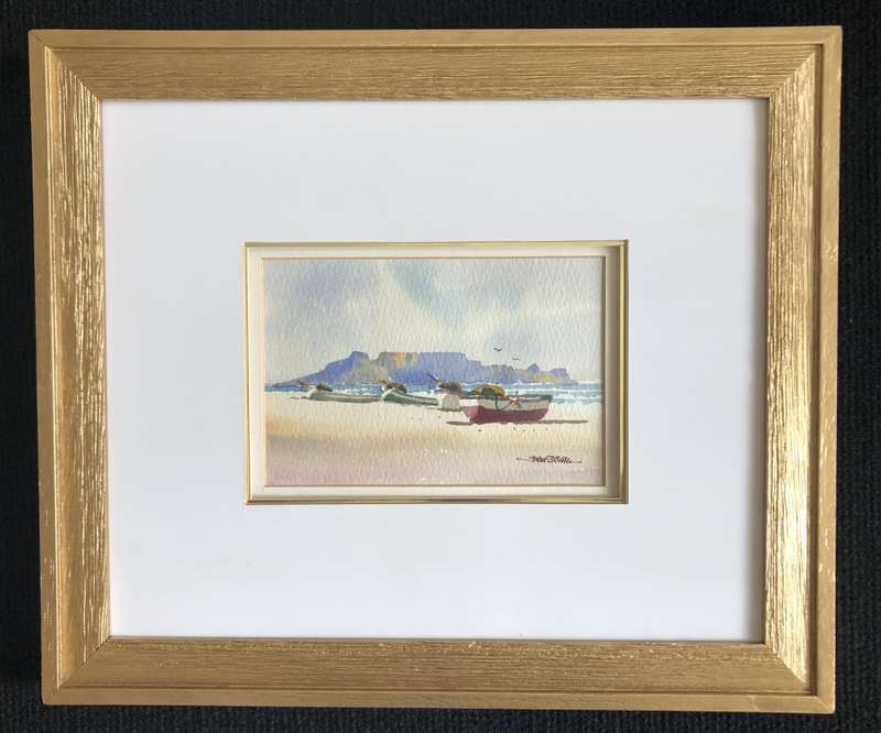 ORIGINAL TWO PETER MILLS WATER COLOR PAINTINGS OF BLOUBERG STRAND IN GOLD FRAMES