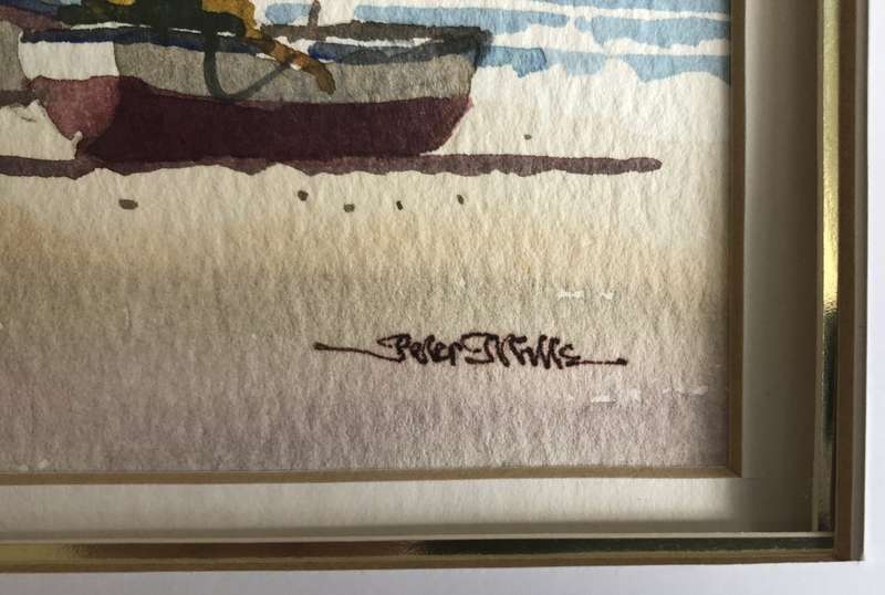 ORIGINAL TWO PETER MILLS WATER COLOR PAINTINGS OF BLOUBERG STRAND IN GOLD FRAMES
