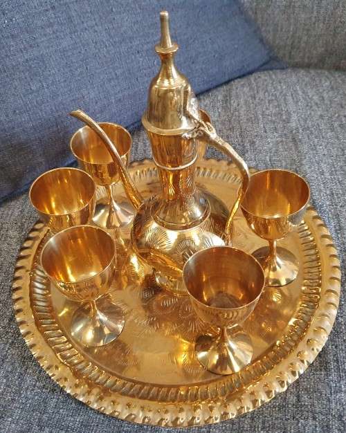 Brass tray, canister and goblets