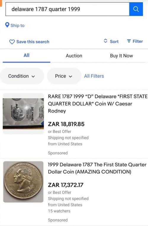 Rare 1787, 1999 `D` Delaware First State Quarter Dollar With Caeser Rodney