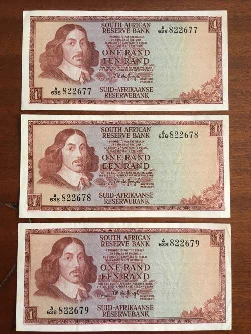 One/een Rand Note 3x Consecutive numbers 1972 1st Issue A/UNC-A638822677, A638822678, A638822679
