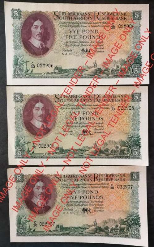 1954 Five Pounds (5 Pond) Notes 3 x Consecutive Numbers 3rd Issue **UNC** - M.H. de Kock (BEAUTIFUL)