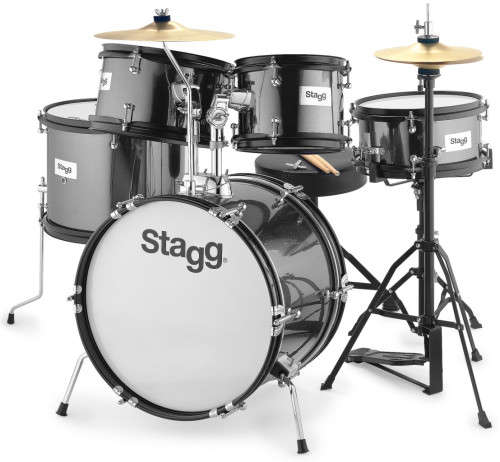 Stagg TIMJR516BBK 5-piece Junior Drum Set with hi-hat cymbals, drum key and seat.