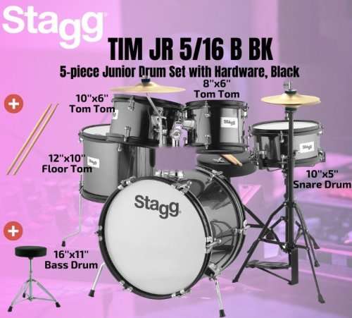 Stagg TIMJR516BBK 5-piece Junior Drum Set with hi-hat cymbals, drum key and seat.