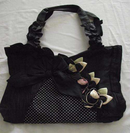 Handmade Large Black Tafetta Bow, Polkadots, Fowers & Frills Handbag 42cm X 28cm X 9cm