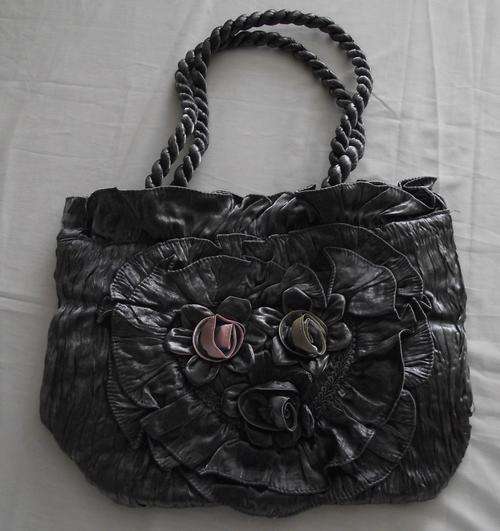 Handmade  Grey Tafetta  Fowers & Frills Handbag 36cm X 26cm X 13cm