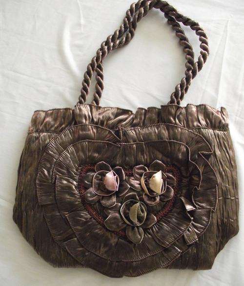 Handmade Brown Tafetta  Fowers & Frills Handbag 36cm X 26cm X 13cm