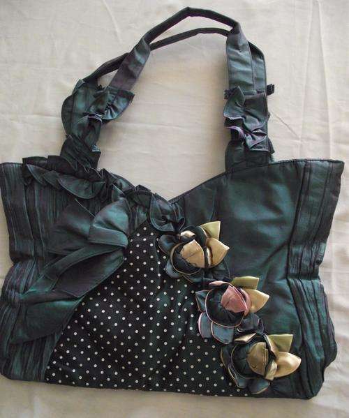Handmade Large Bue Tafetta Bow, Polkadots, Fowers & Frills Handbag 42cm X 28cm X 9cm