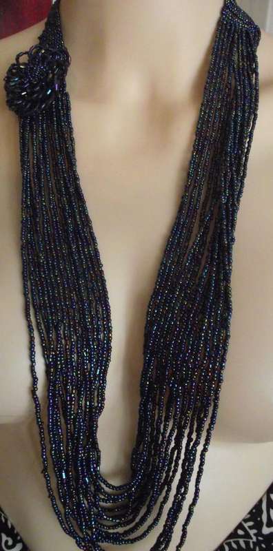 Stunning Long Metallic Iris Blue Purple Multi-Strand (16 Rows) Czech Seed Beads Necklace