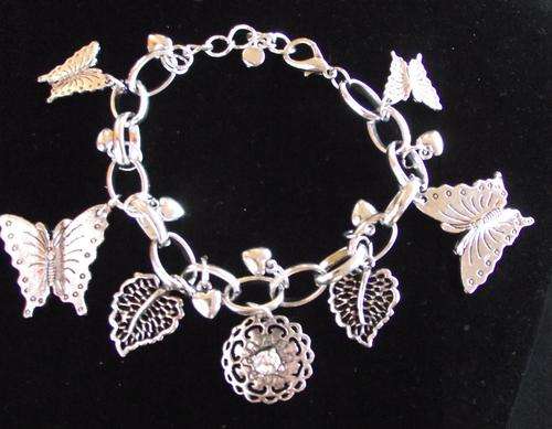 Lovely Tibetan Silver Butterfly & Clear White Rhinestone Charm Bracelet