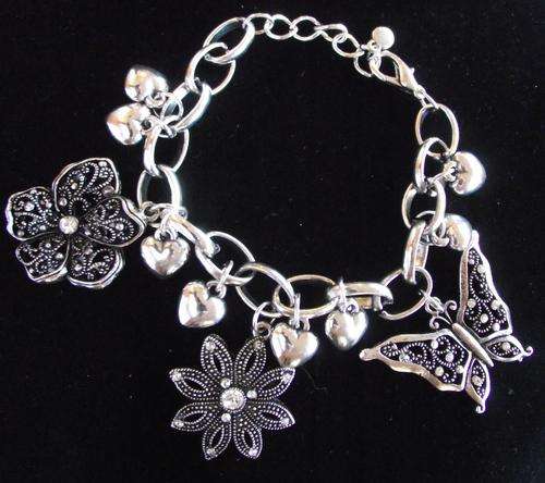 Gorgeous Tibetan Silver Butterfly, Flowers and Hearts, Clear white Rhinestone Charm Bracelet