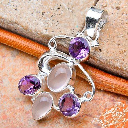 ROSE QUARTZ, AMETHYST SOLID .925 STERLING SILVER PENDANT 45MM