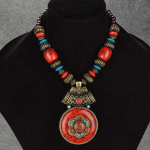 Round Bohemian Chunky Carved Vintage Retro Copper Wood Pendant Necklace