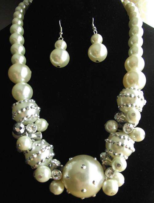 CLASSY FAUX PEARLS & FACETED CRYSTAL BEADS NECKLACE & EARRINGS SET