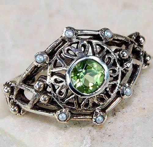 Natural Peridot Seed Pearl 925 SOLID Sterling Silver Victorian Style Ring Sz 6