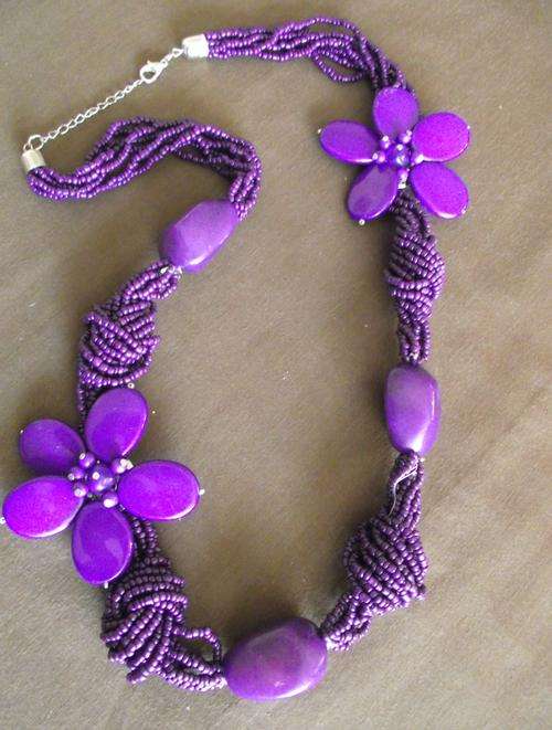 PURPLE Bohemian Chunky Acrylic Seedbeads, Stones  Flower Necklace  70cm
