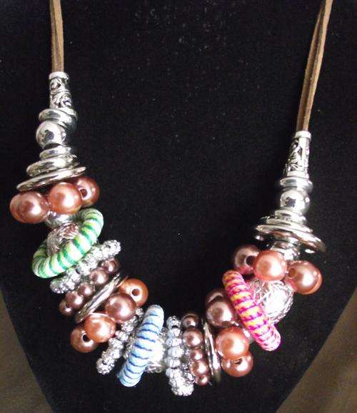 MULTI-COLOR  Bohemian Chunky Fabric, Acrylic Rings & Faux Pearls Neckace