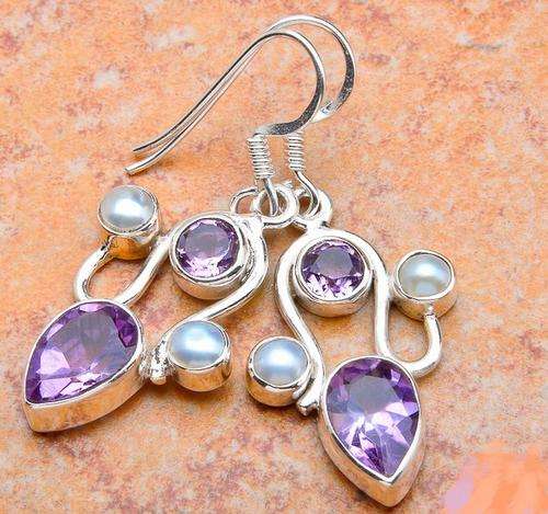 FACETED AMETHYST, PEARL SOLID .925 STERLING SILVER EARRINGS 1 5/8"