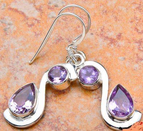 FACETED AMETHYST SOLID .925 SILVER EARRINGS 1 1/2"