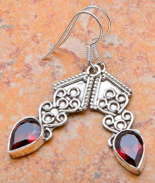 GARNET SOLID .925 SILVER EARRINGS 1 3/4 (50MM)