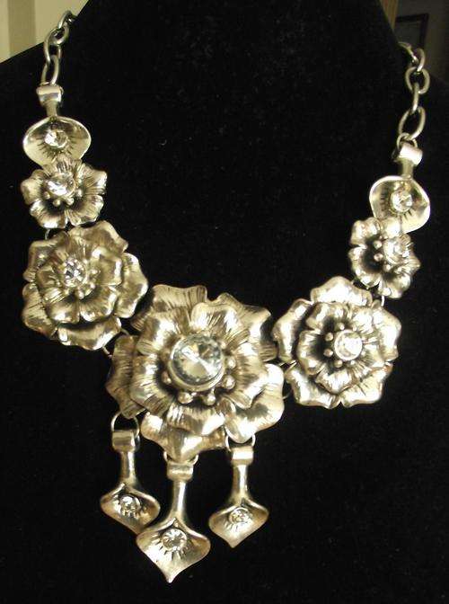 Gorgeous Silver  Roses and Crystals  Necklace