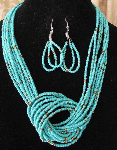 Spring/Summer Turquoise Braided Bead Necklace & Earrings set