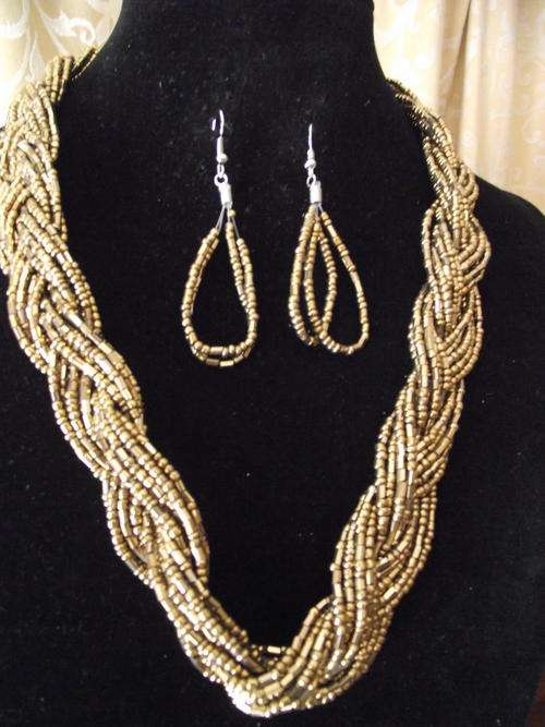 Spring/Summer Copper/Gold Braided Bead Necklace & Earrings set