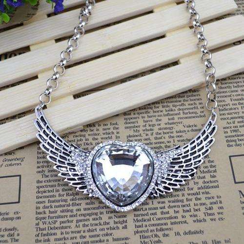Angel Wing Silver Tone Rhinestone Heart  Crystal  Rolo Chain Necklace