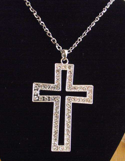 Lovely Silver Tone Rhinestone Crystal Cross Pendant Necklace