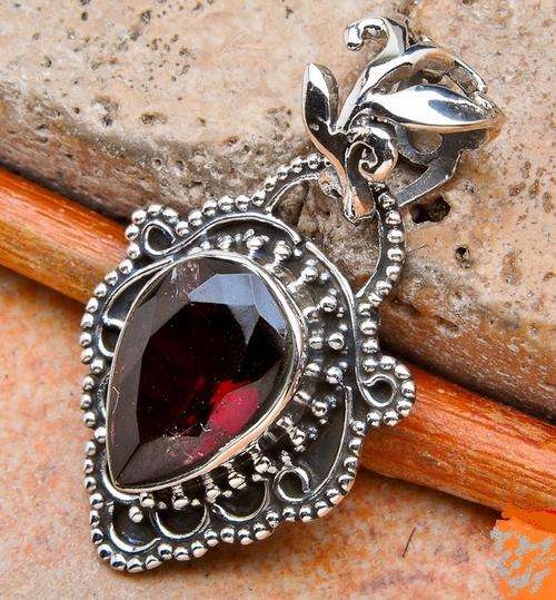 GARNET SOLID .925 STERLING SILVER PENDANT 35mm