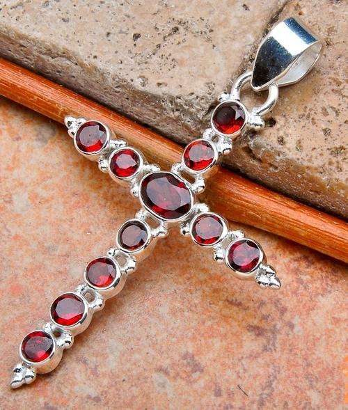 LARGE GARNET CROSS SOLID .925 STERLING SILVER PENDANT 55mm