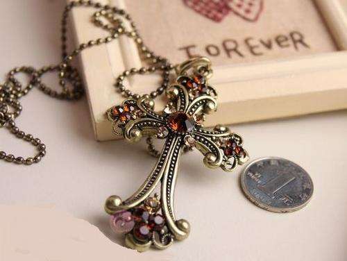 Large Bronze Cross Charm Pendent Necklace
