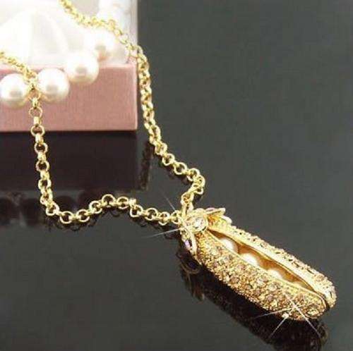 Fashion Shiny Sparking Full Crystal Pearl Pea Gold Necklace Pendant Chain