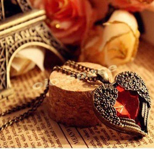 Red Gemstone Heart Wing Pendant Antique Look Necklace