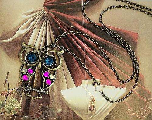 Vintage Copper Long Chain Big Eye Owl Pendant Necklace