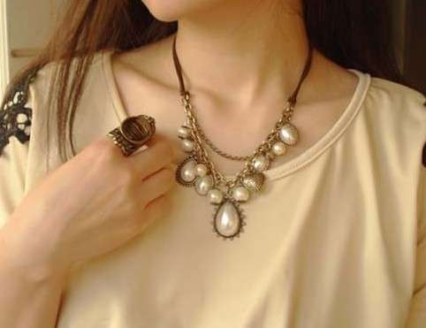Leather Chain Bronze Multi Element Heart Big Pearl Drop Necklace