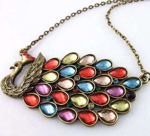 Vintage Style Colorful Rhinestone Brass Chain Peacock Necklace Pendant