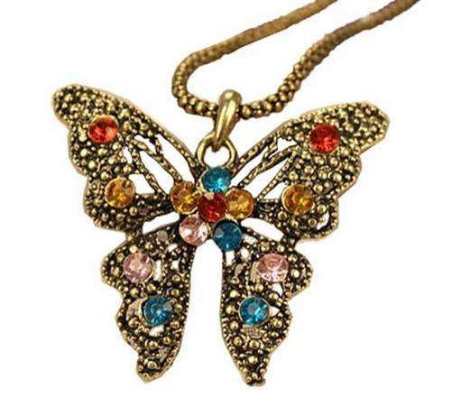 Bronze Snake Chain Vintage Style Colorful Rhinestone Noble Butterfly Necklace