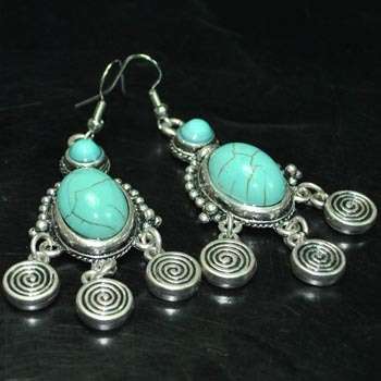 Vintage Tibetan Silver Blue Turquoise Dangle Earring 60mm