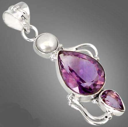 10.34cts RARE PURPLE AMETHYST PEARL 925 STERLING SILVER TRILOGY PENDANT 1 6/8inch