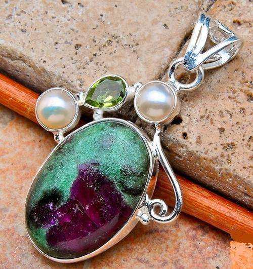 RUBY ZOISITE, PERIDOT, PEARL SOLID .925 STERLING SILVER PENDANT 1 7/8"