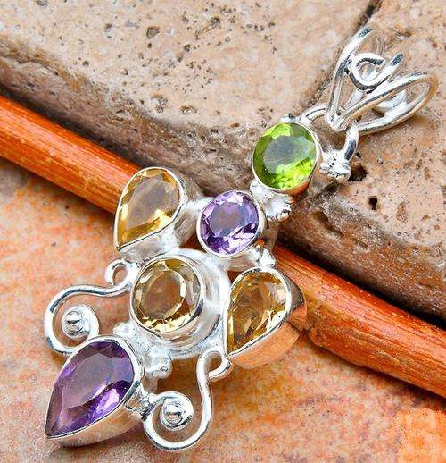 AMETHYST, CITRINE, PERIDOT SOLID  .925 STERLING  SILVER PENDANT 1 5/8inch