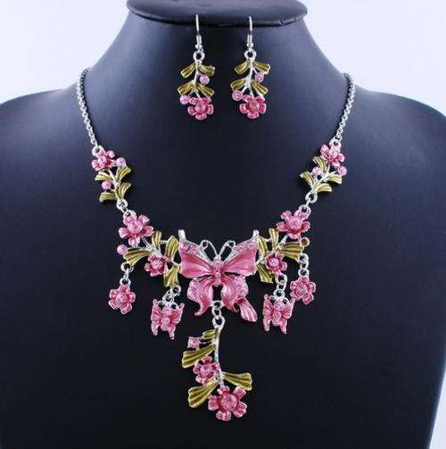 Pink Floral Butterfly Bridal Necklace and Earrings Set (