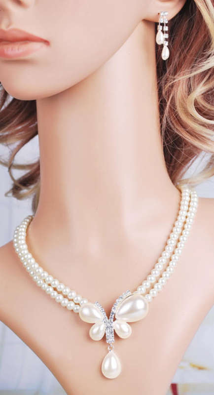 Romantic Prom Pageant Crystal and Faux Pearls Necklace & earrings Set