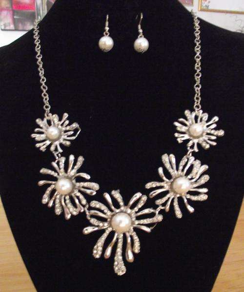Crystals and Faux Pearls Flowers Necklace and Earrings Set