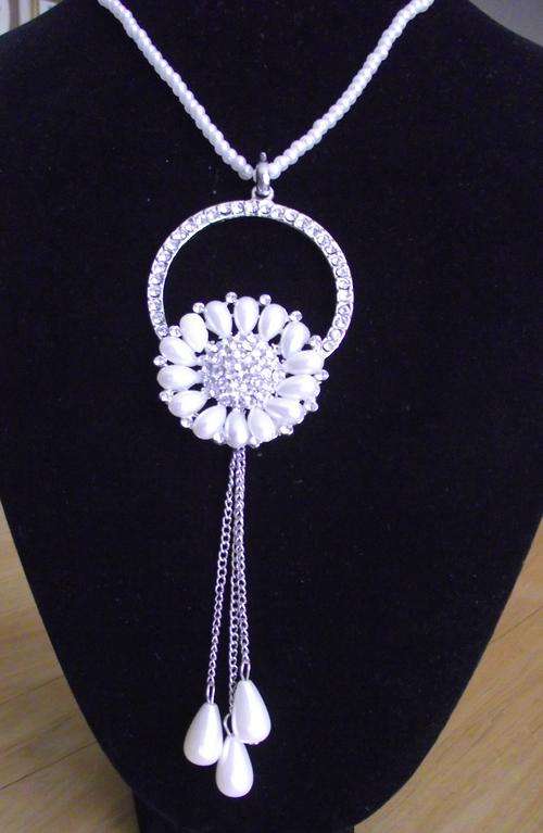 Long String Faux Pearls and Crystal Pendant Necklace