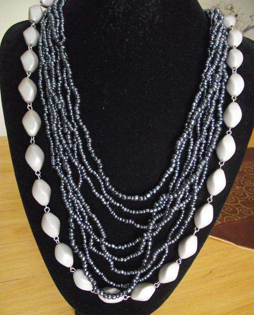 Dark Blue Seed Beads And Grey Beads Necklace