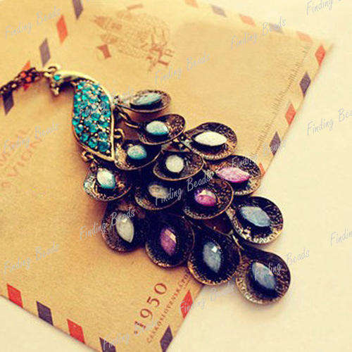 Antiqued Peacock Crystal Multi Sequen Pendant Necklace