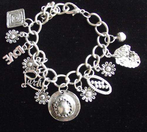 Tibetan Silver Hat, Love, Flowers   Charm Bracelet